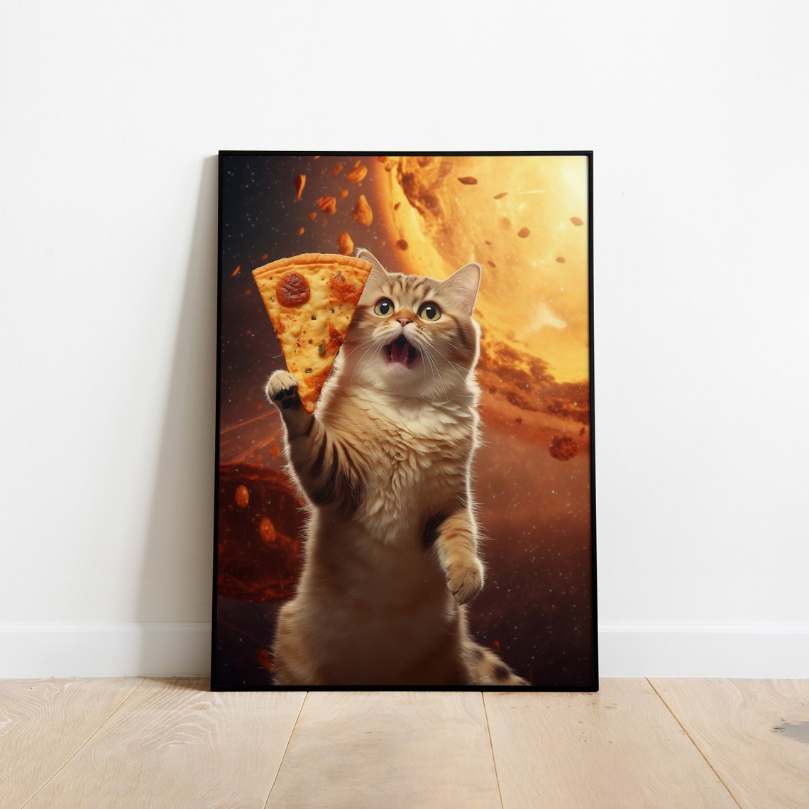 Cute Kitten Holding Pizza Slice Cosmic Nebula Funny Cat Poster Art
