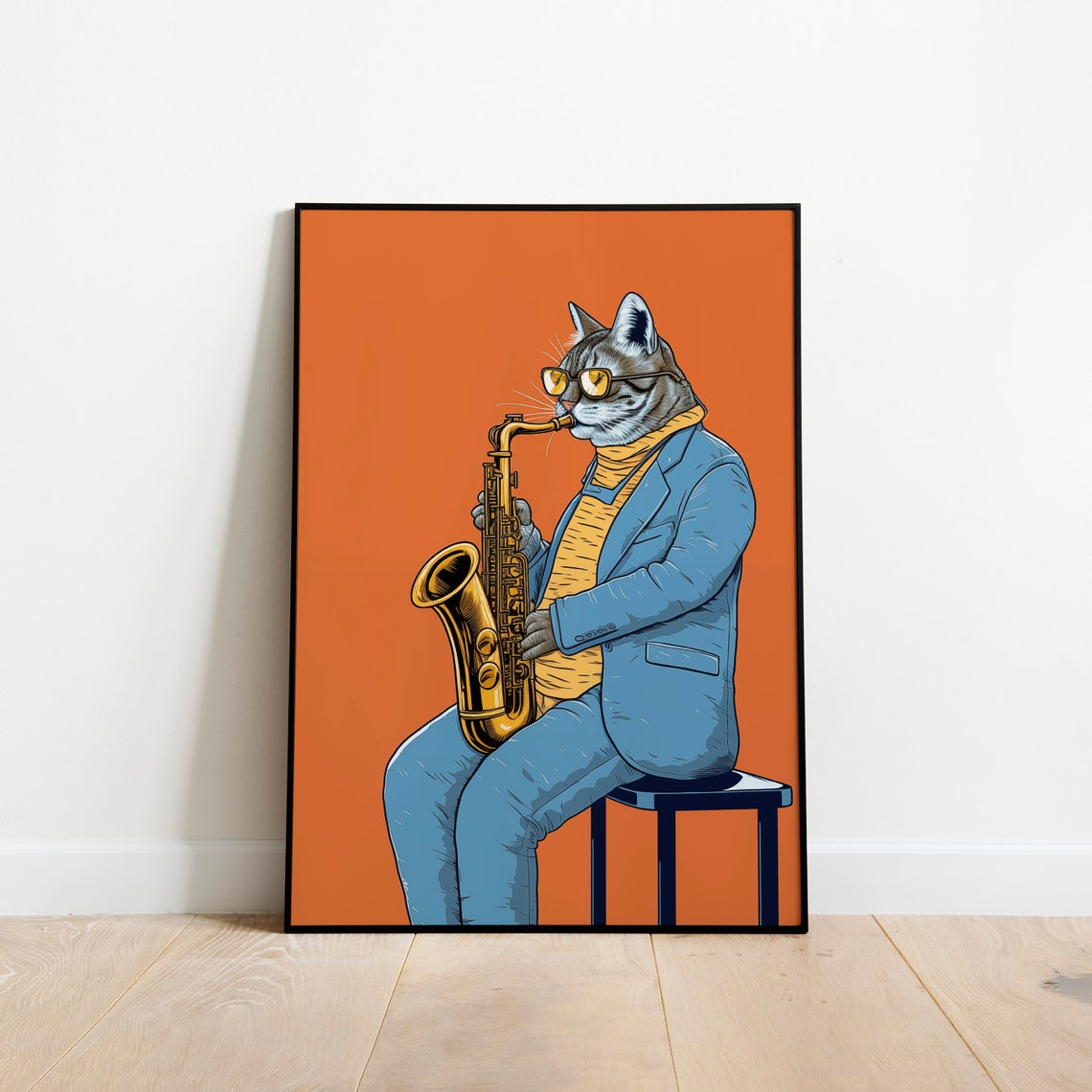 Cat Saxophone Player Jazz Musician Retro Illustration Poster Art