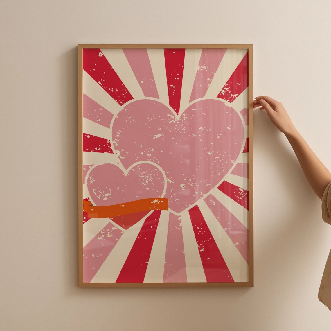 Retro Pink Hearts Ribbon Banner Sunburst Pop Art Wall Poster - Image 4
