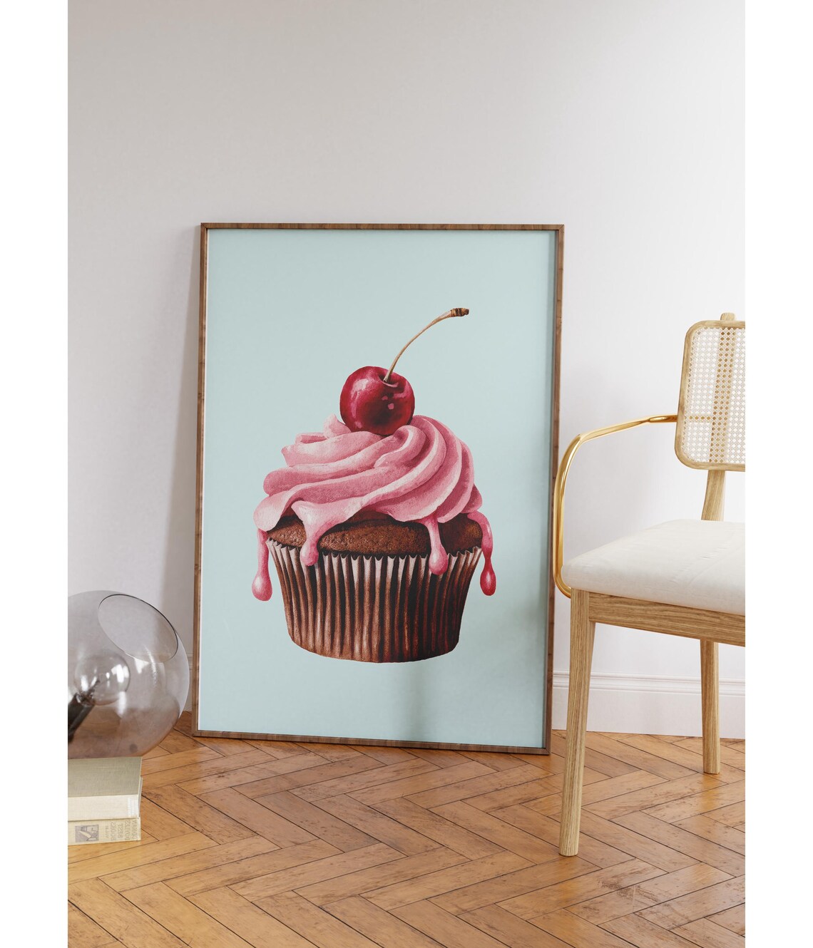 Sweet Cherry Cupcake Pink Frosting Watercolor Kitchen Art Poster - Image 2
