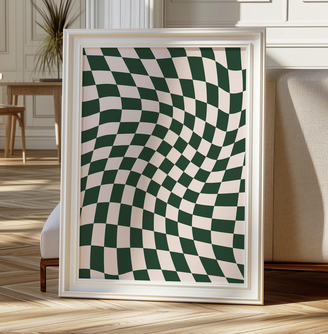 Wavy Checkerboard Pattern Dark Green Cream Retro Abstract Poster - Image 2