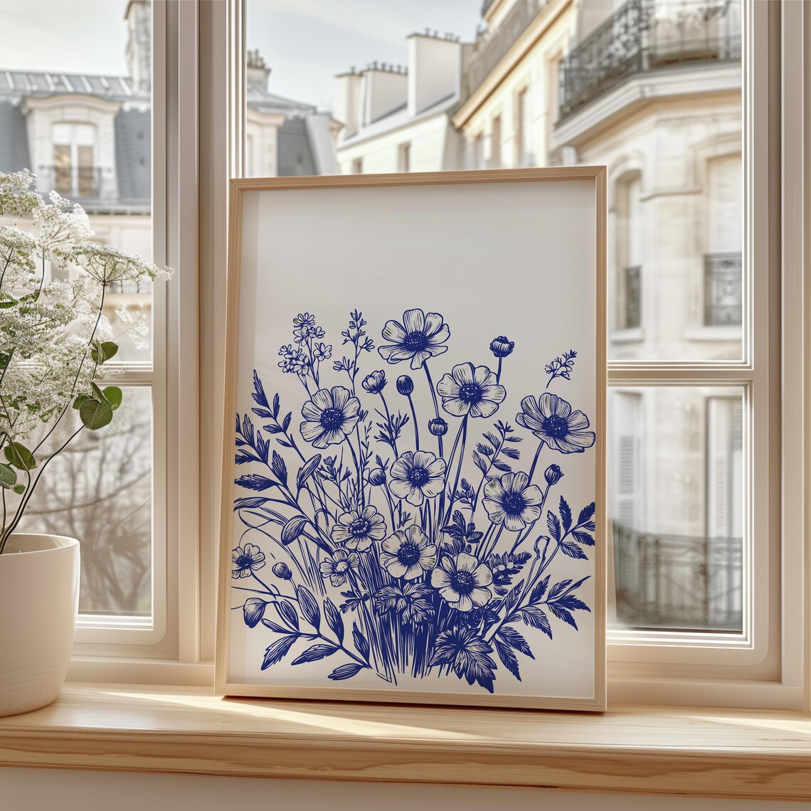 Blue Ink Botanical Bouquet Poster Vintage Wildflower Sketch Decor - Image 3