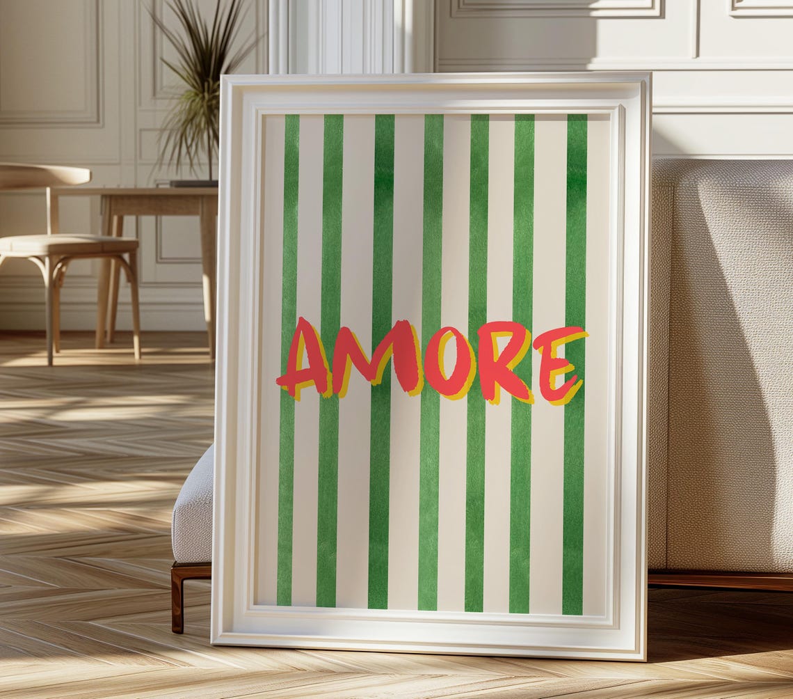 Amore Green Striped Retro Italian Typography Love Wall Poster - Image 2