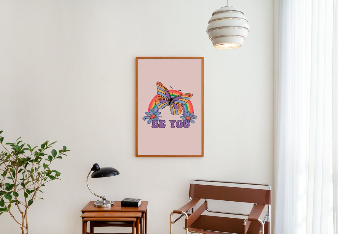 Be You Butterfly Rainbow Retro Groovy Daisy Positive Quote Poster - Image 2