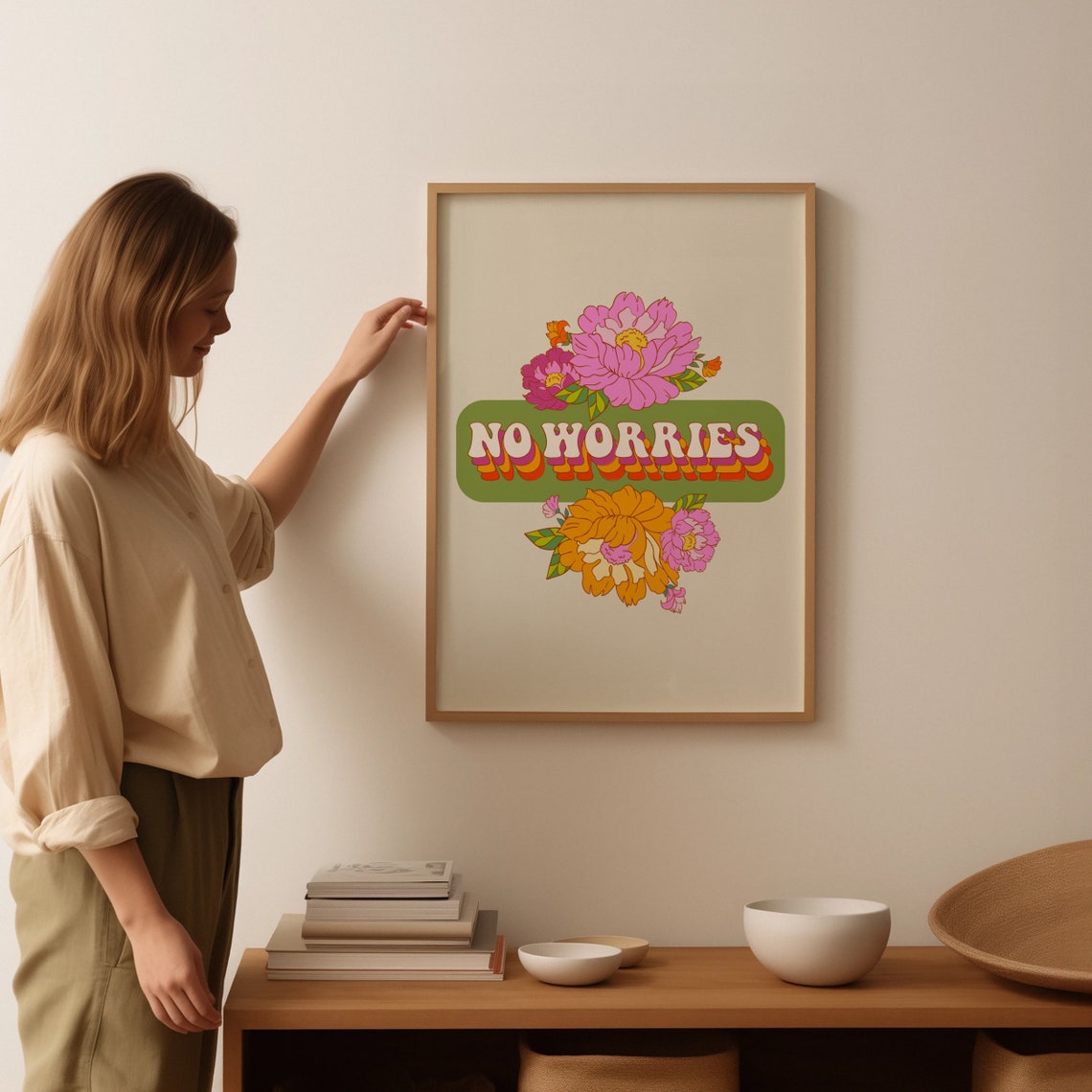 No Worries Retro Bubble Letters Floral Green 70s Style Poster - Image 4