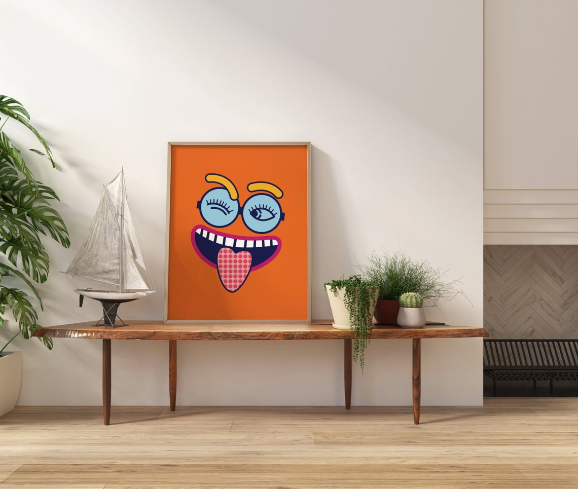 Wacky Cartoon Face Orange Pop Art Funny Winking Eye Quirky Poster - Image 2