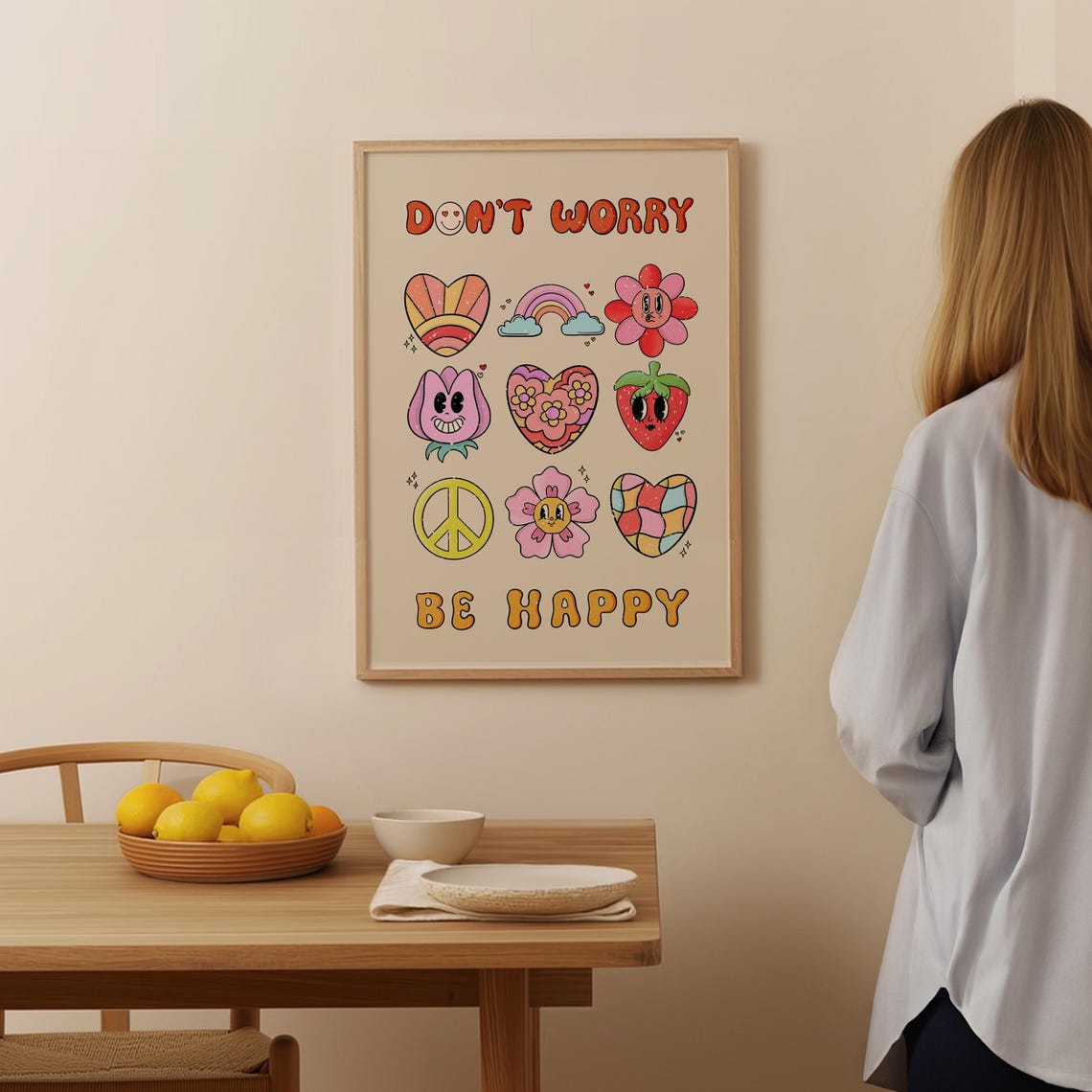 Dont Worry Be Happy Retro Cartoon Doodle Characters Wall Poster - Image 2