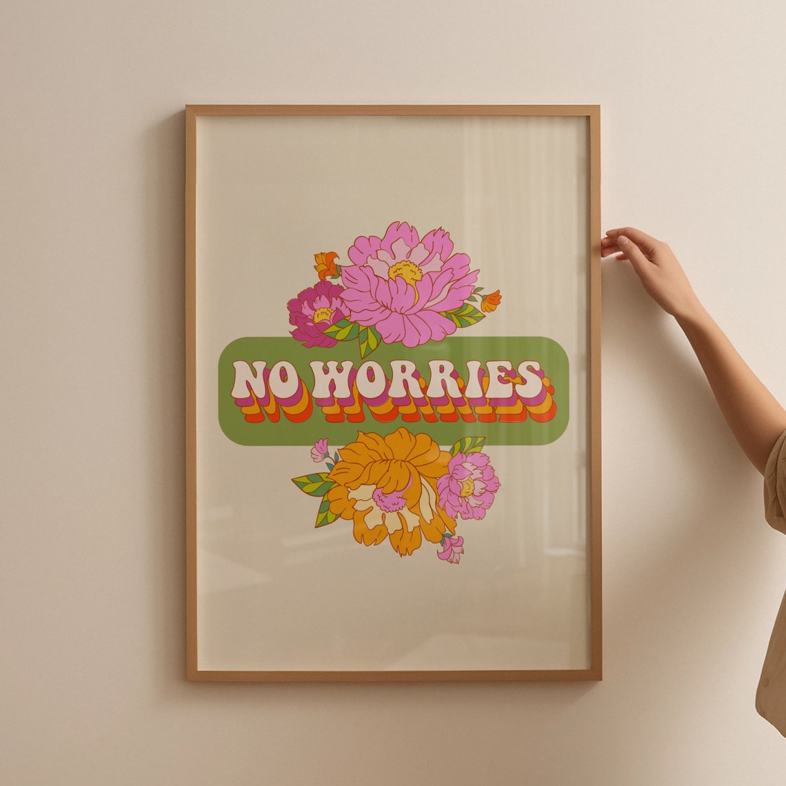 No Worries Retro Bubble Letters Floral Green 70s Style Poster