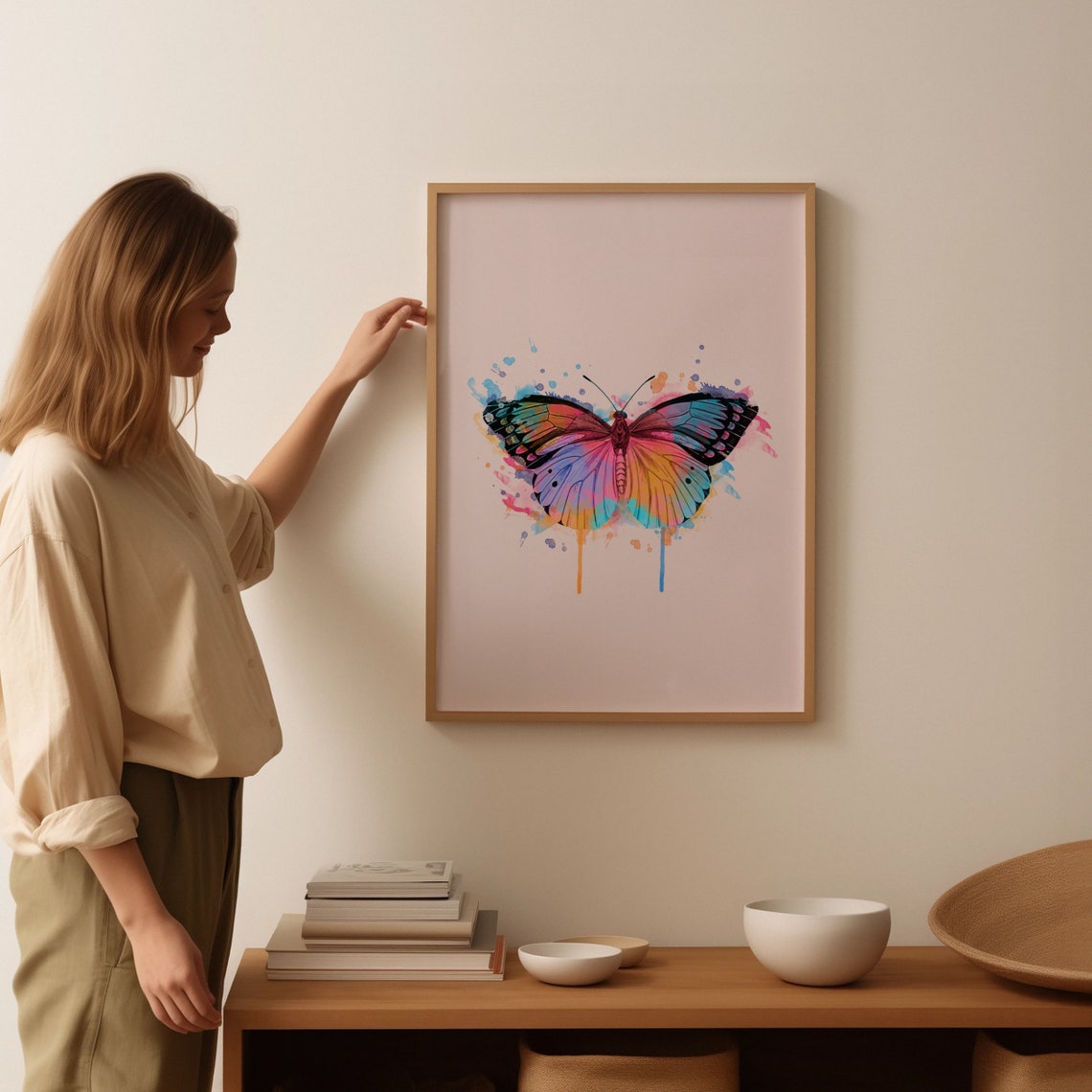 Rainbow Watercolor Butterfly Poster Pink Wall Decor Modern Insect Art - Image 4