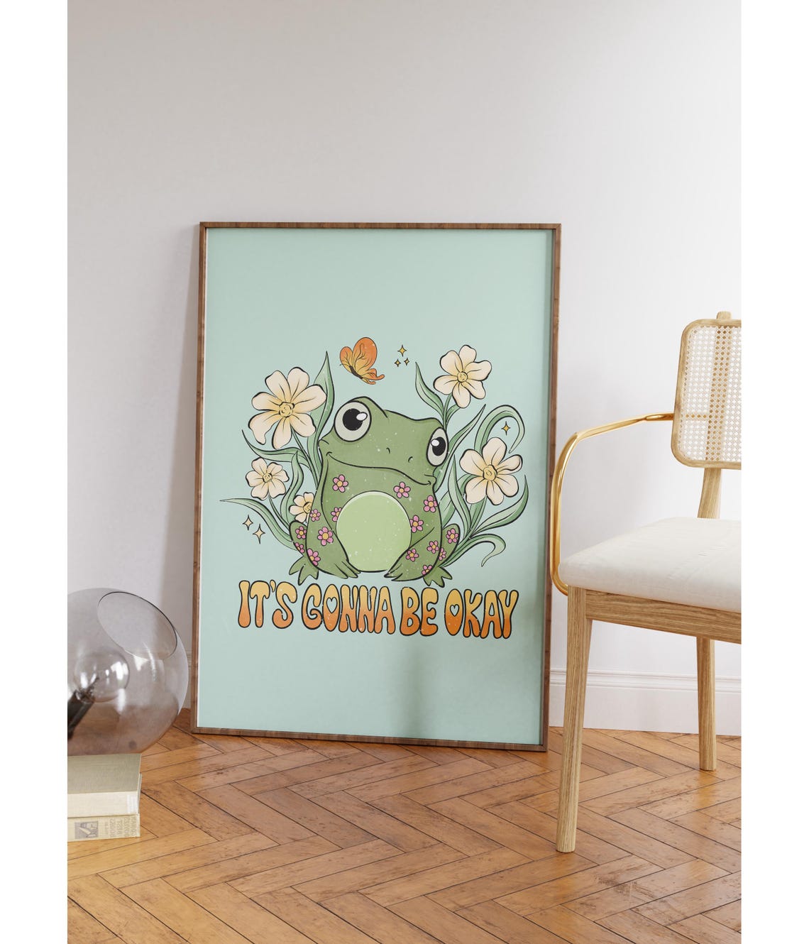 It's Gonna Be Okay Cute Frog Flowers Retro Mint Encouragement Poster - Image 3