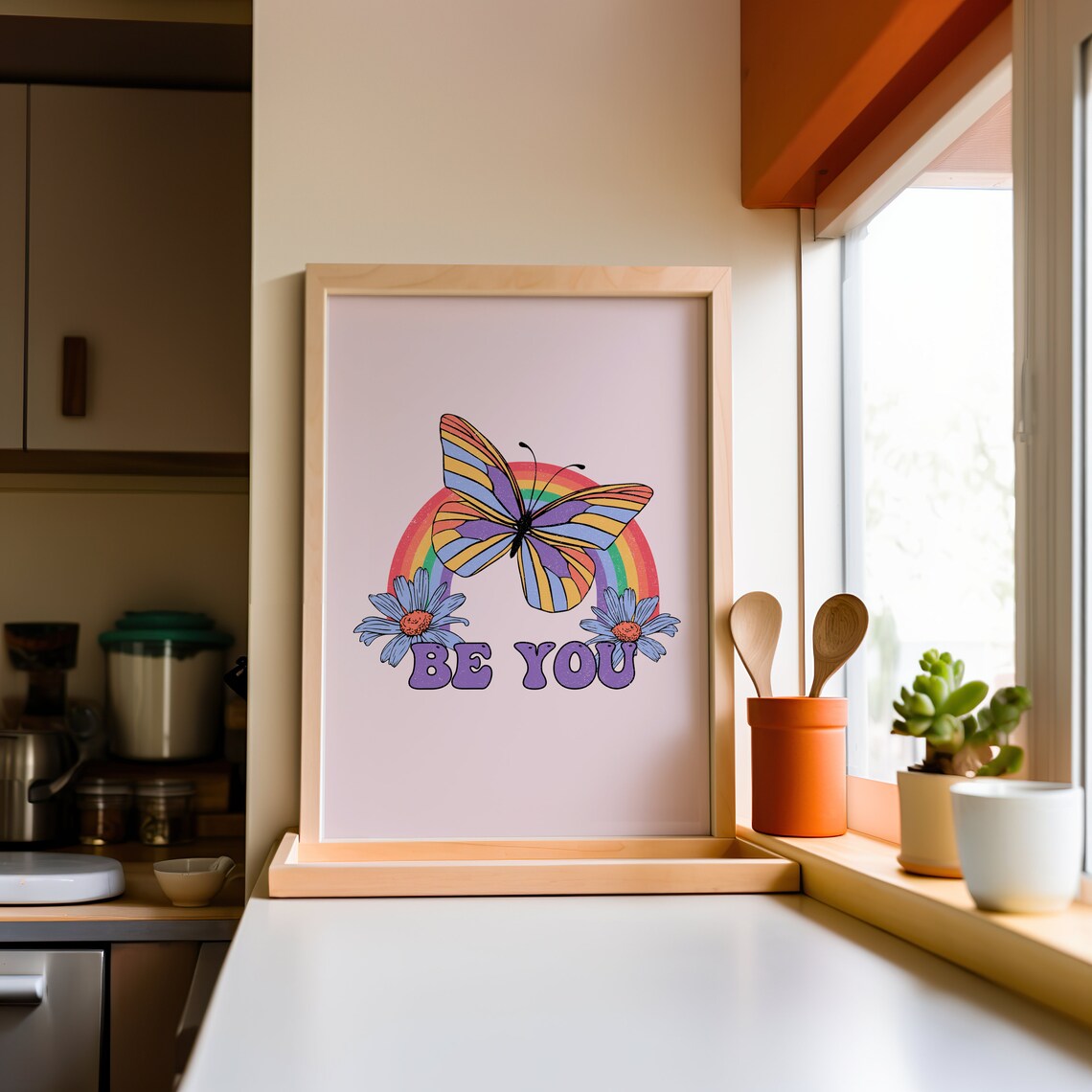 Be You Butterfly Rainbow Retro Groovy Daisy Positive Quote Poster - Image 3