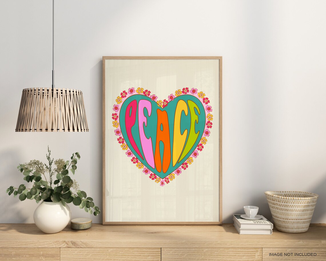 Peace Heart Retro Groovy Poster Colorful Floral Hippie Wall Decor - Image 2