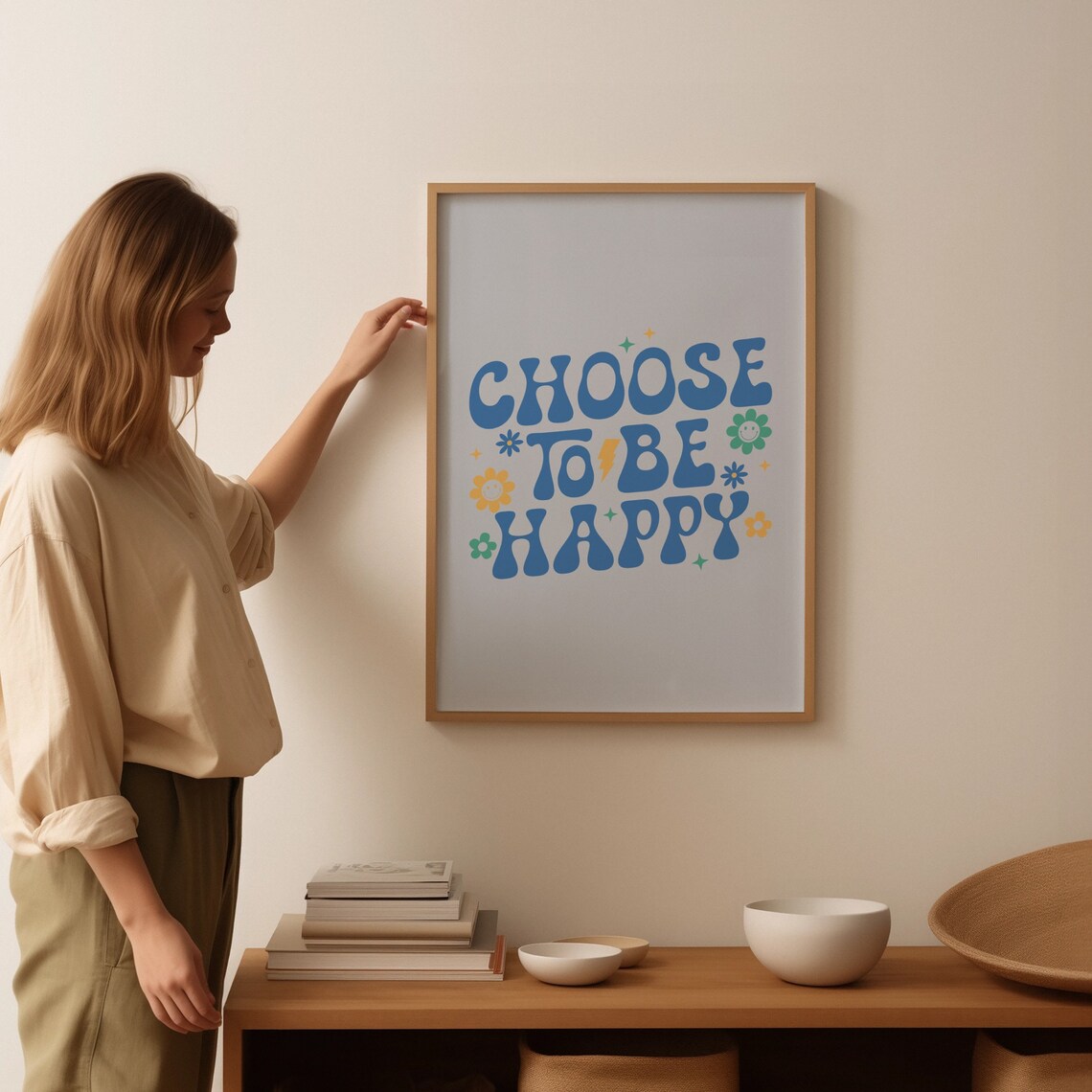 Choose To Be Happy Blue Groovy Retro Letters Happy Face Floral Poster - Image 3