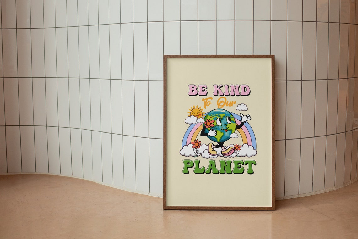 Be Kind To Our Planet Cute Earth Rainbow Retro Earth Day Poster - Image 4