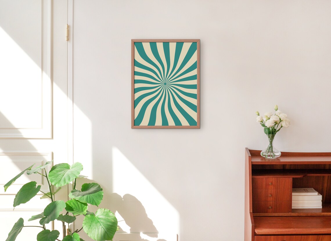 Retro 70s Teal Cream Sunburst Swirl Psychedelic Abstract Poster - Image 2