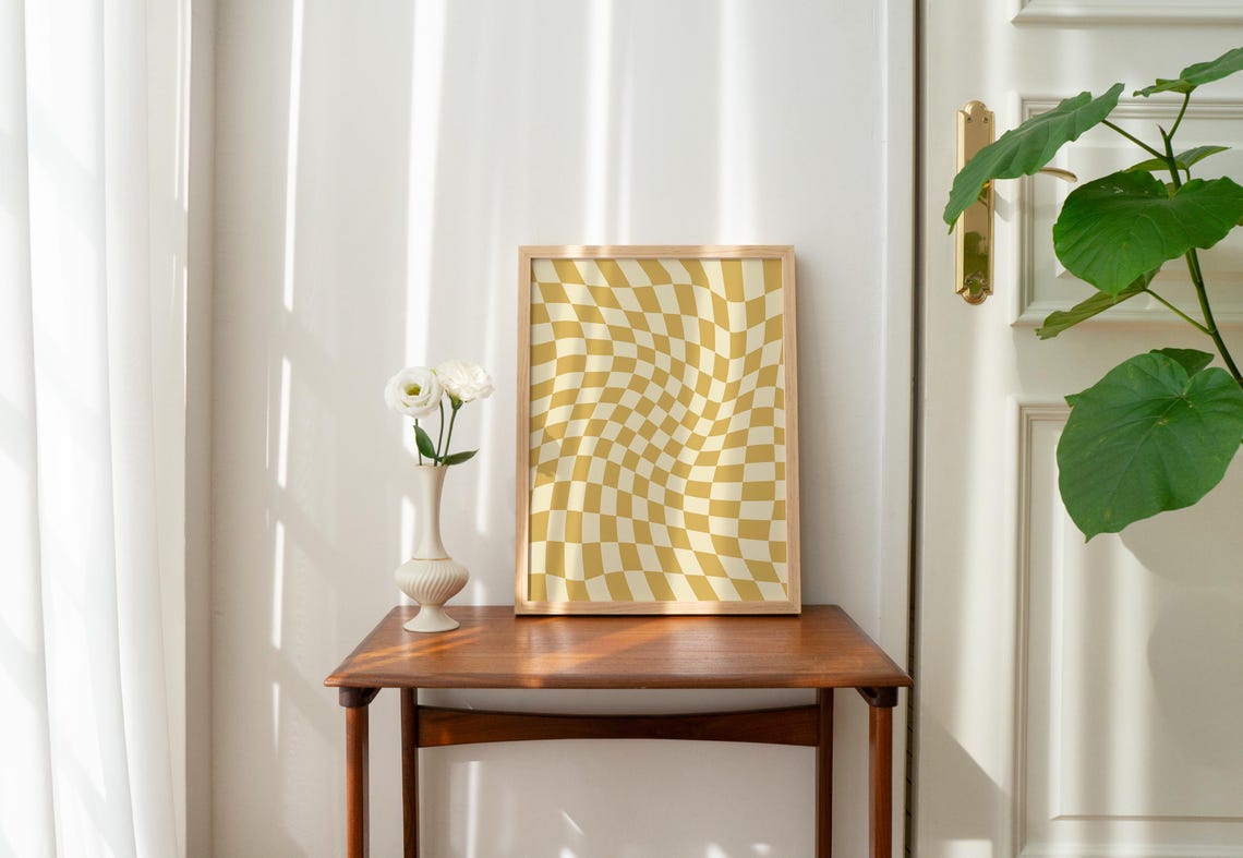 Wavy Yellow Cream Checkerboard Pattern Bold Retro Art Poster - Image 3