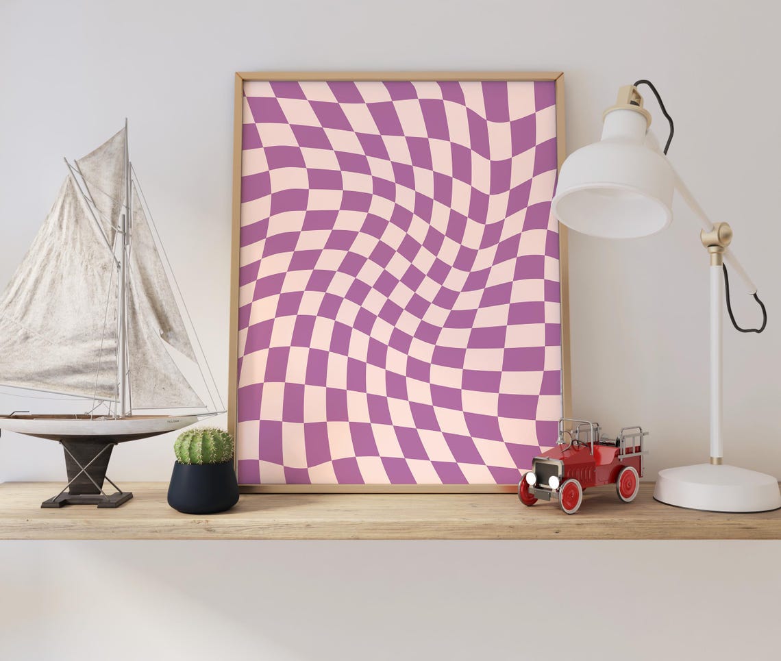 Wavy Checkerboard Pattern Purple Lilac Retro Abstract Poster - Image 2