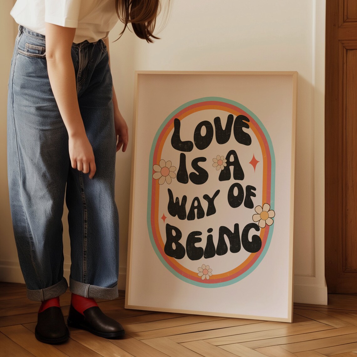 Love Is A Way Of Being Retro Groovy Floral Rainbow Quote Poster - Image 3
