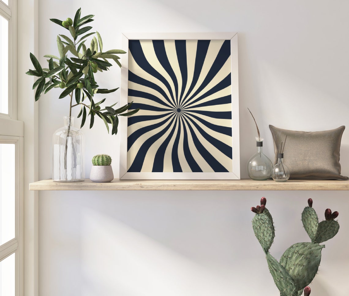 Navy Cream Retro Sunburst Swirl Optical Illusion Abstract Art Print - Image 3