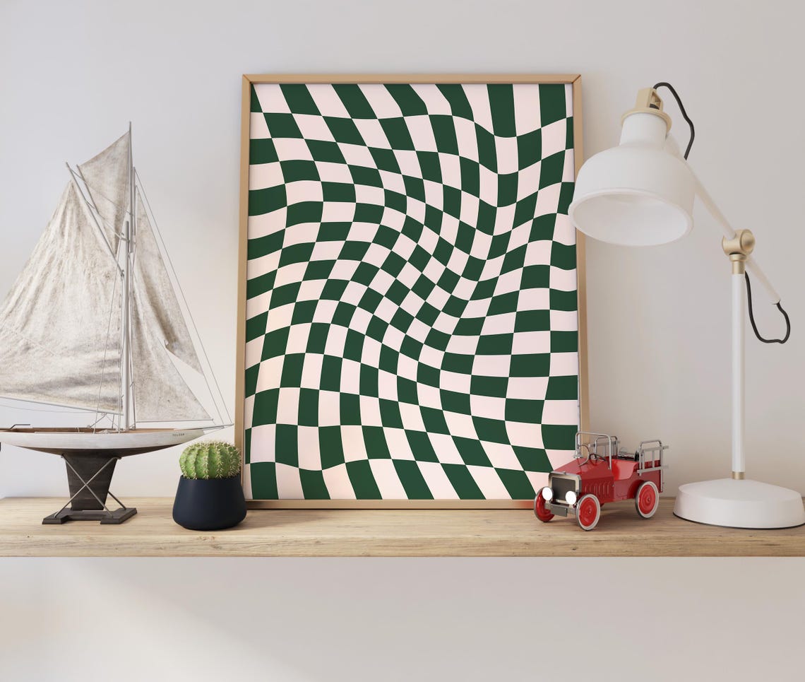 Wavy Checkerboard Pattern Dark Green Cream Retro Abstract Poster - Image 3