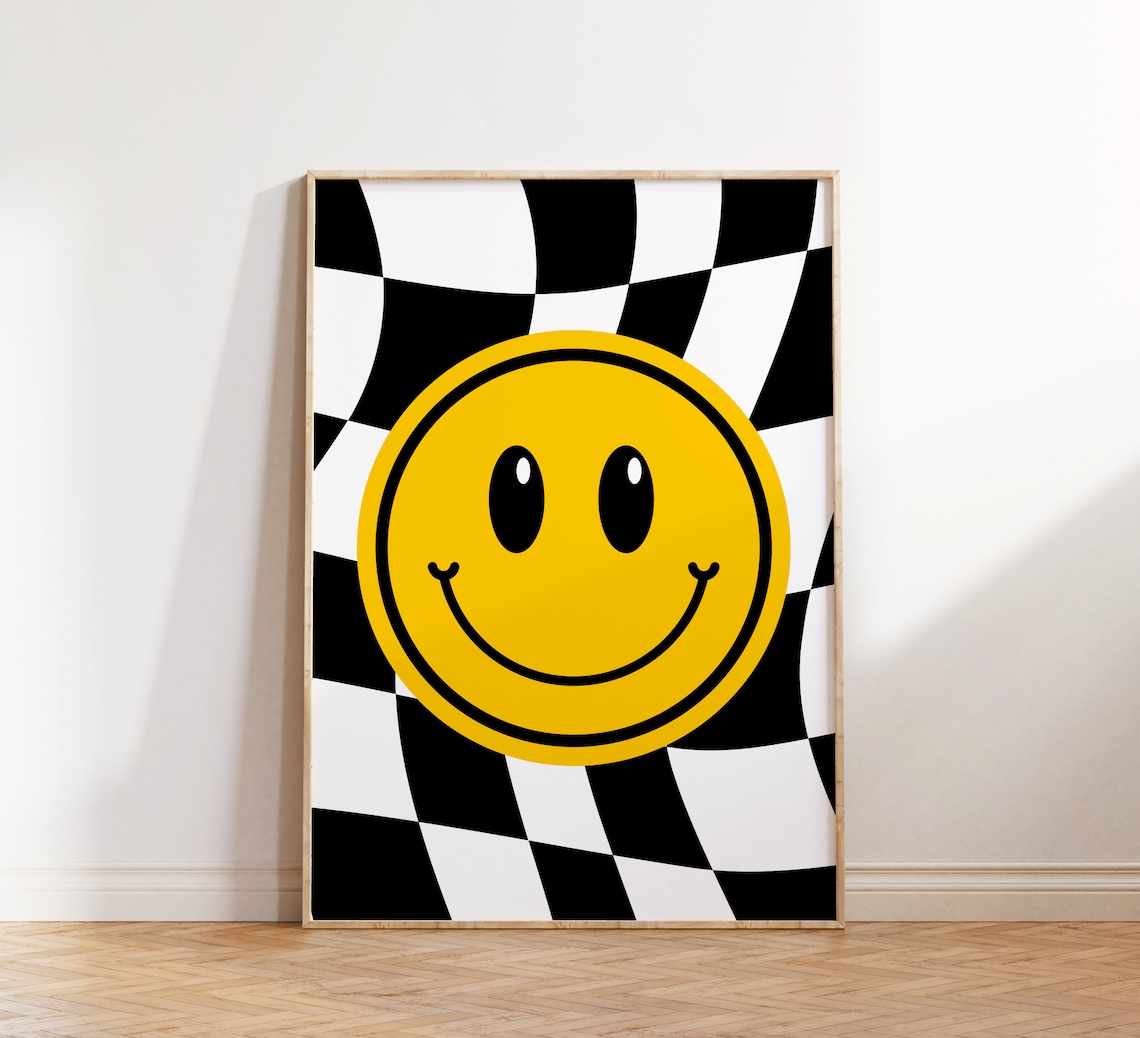 Smiley Face Checkered Groovy Retro Happy Pop Art Wall Poster