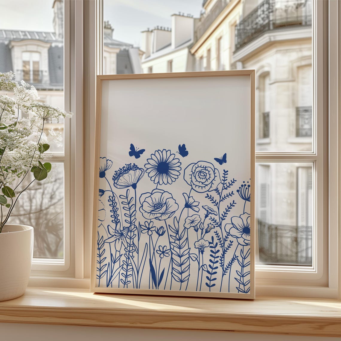 Blue Ink Wildflower Line Art Poster Minimalist Botanical Wall Decor - Image 3