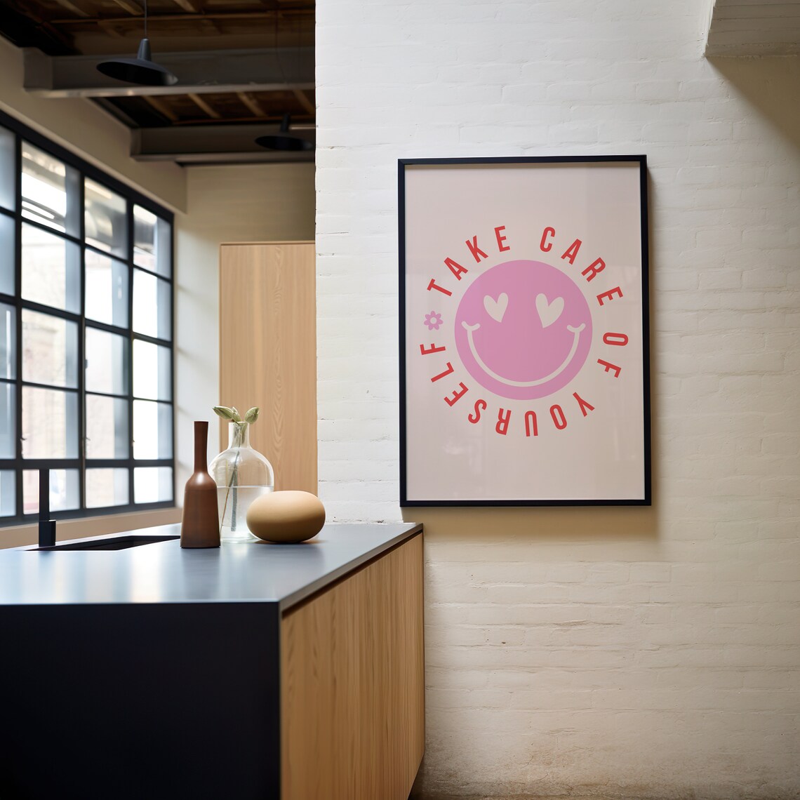 Take Care Of Yourself Pink Smiley Heart Eyes Retro Circle Poster - Image 3