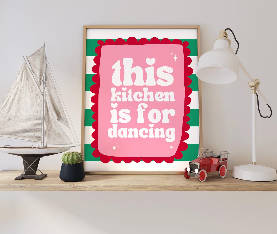 This Kitchen Is For Dancing Pink Retro Kitchen Quote Art Poster - Image 2