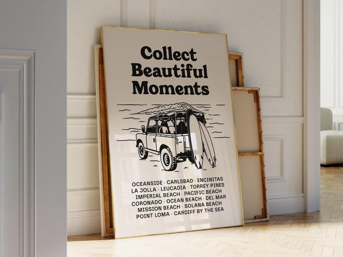 San Diego Beach Towns Retro Surf Road Trip Black White Art Poster