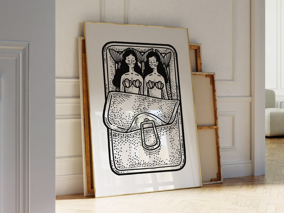 Two Mermaids in a Sardine Tin Quirky Black Ink Line Art Poster - Image 2