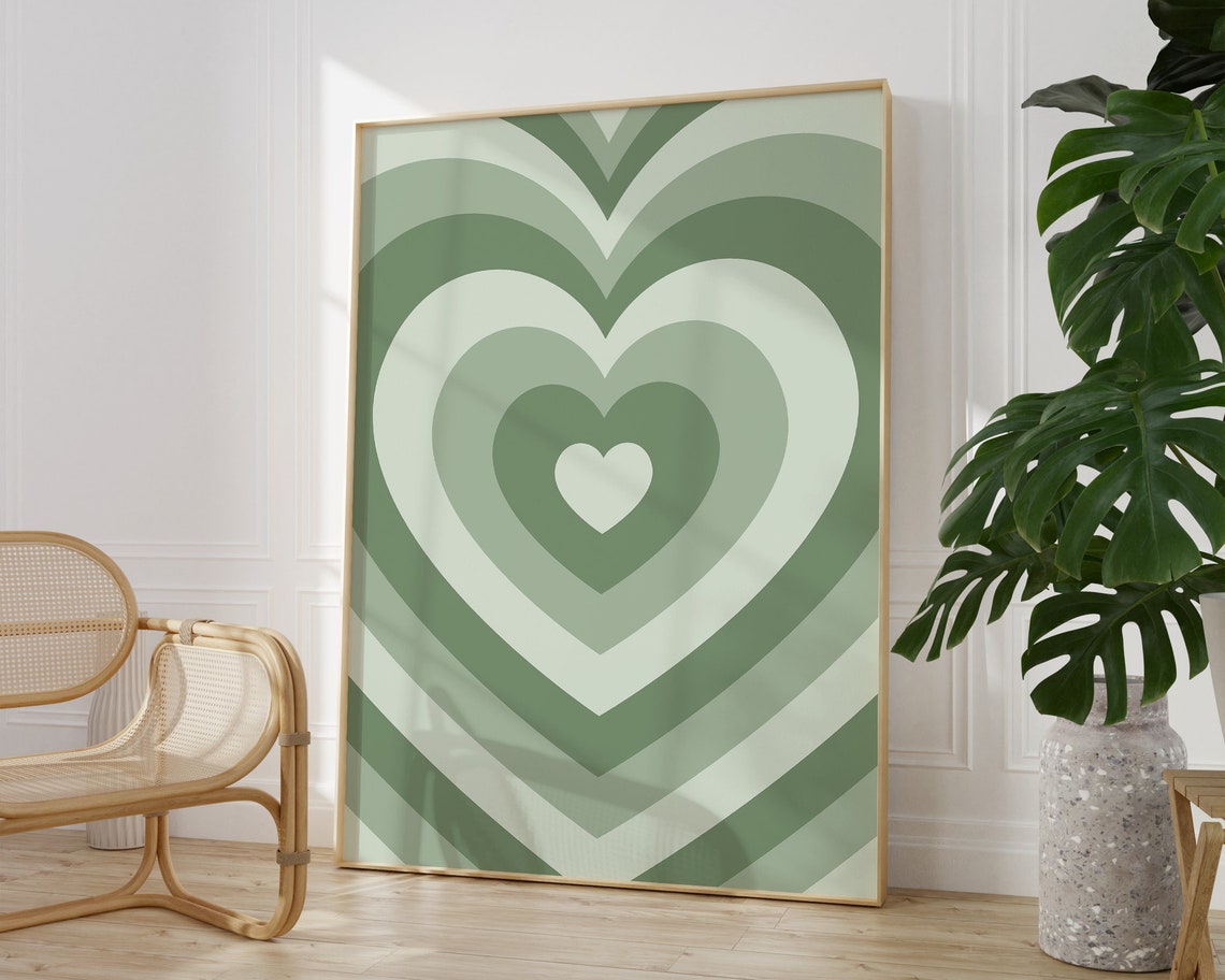 Sage Green Concentric Hearts Retro Y2K Aesthetic Wall Poster - Image 2