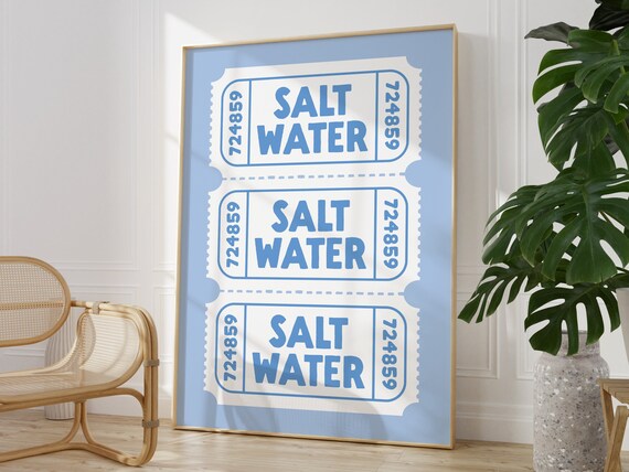 Blue Coastal Wall Art Salt Water Quote Print Light Blue Ticket Print Pastel Blue Wall Art Cute Nautical Aesthetic Wall Decor