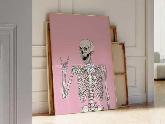 Pink Skeleton Peace Sign Halloween Art Funny Retro Skeleton Poster