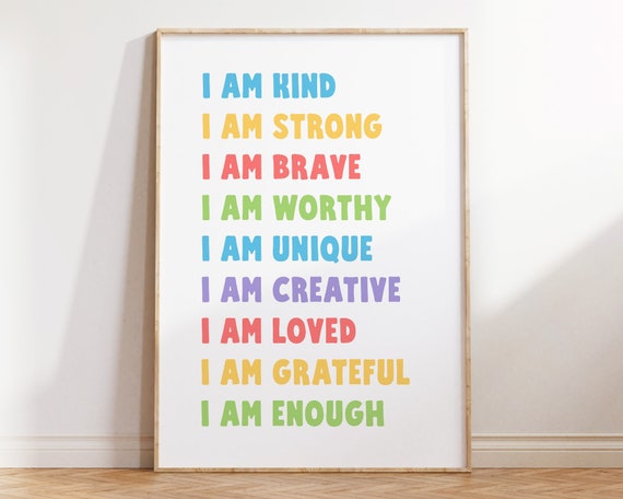 Affirmations Wall Art Positive Affirmations For Kids Art Print Colorful Nursery Wall Decor Rainbow Playroom Quote Print