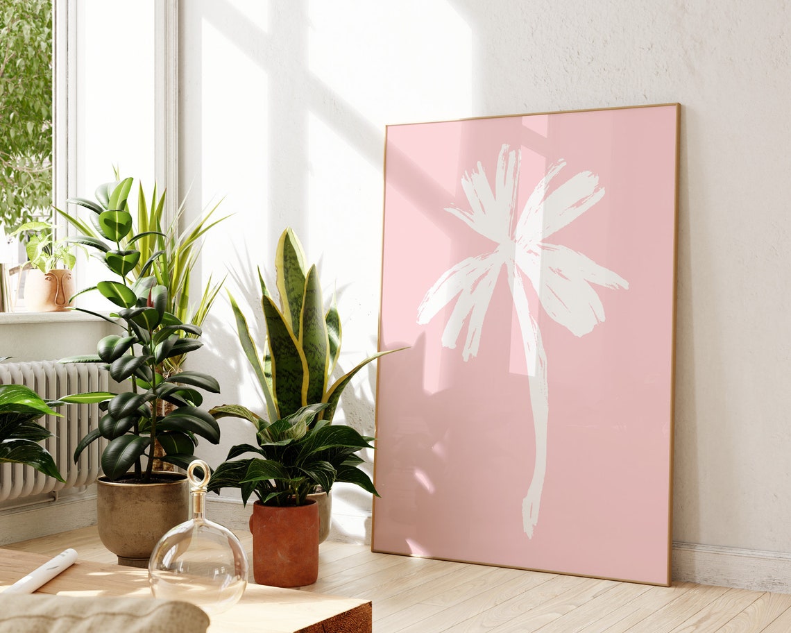 Pink Palm Tree White Brushstroke Tropical Minimal Pastel Art Poster - Image 2