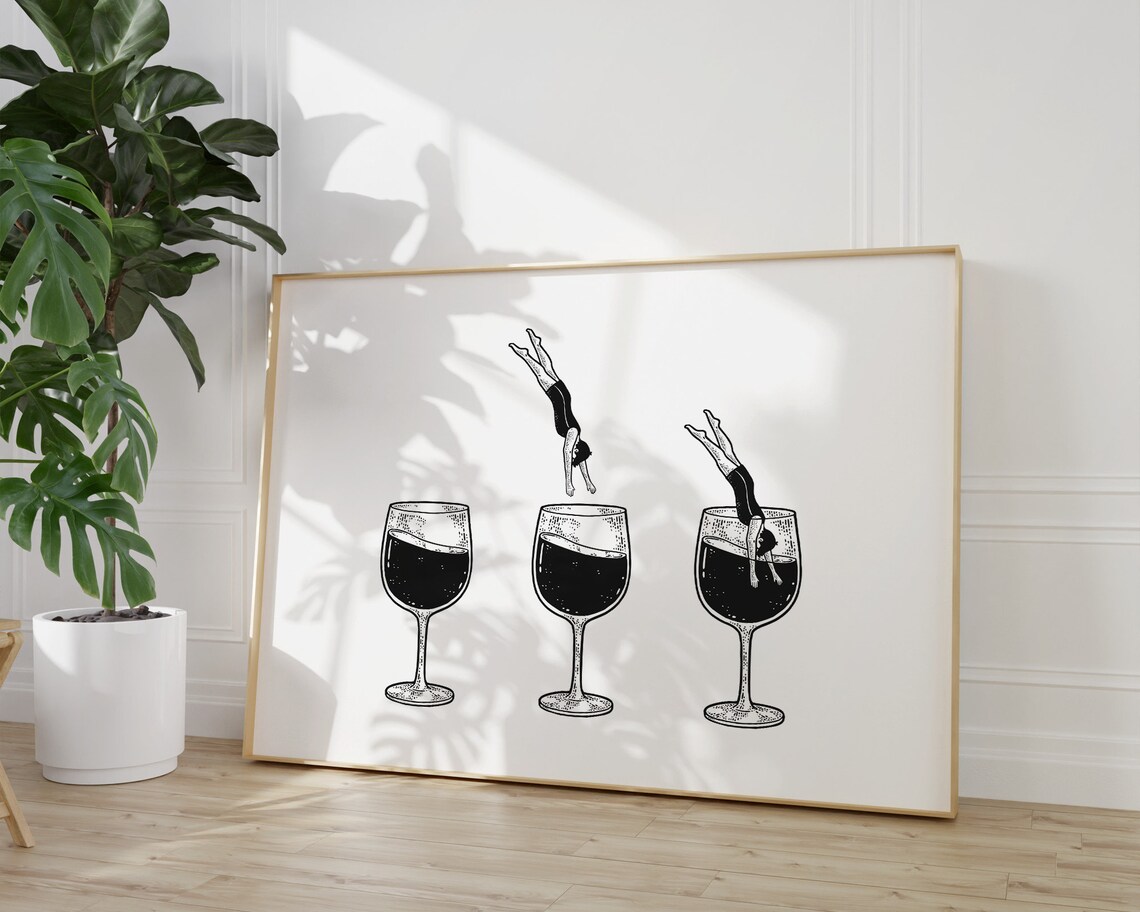 Women Diving Into Wine Glasses Funny Bar Cart Ink Minimal Art Poster - Image 3