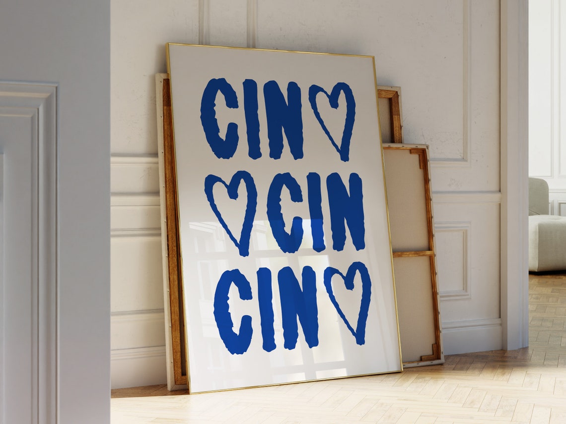 Bar Cart Aesthetic Print Cin Cin Wall Art Cute Cocktail Bar Print Navy Blue Wall Art Maximalist Kitchen Decor
