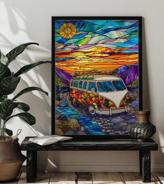 Retro Hippie Van Road Trip beneath a Stained Glass Sunset Poster