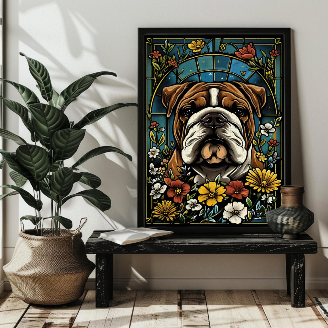Stained Glass Bulldog Art Print, Dog Puzzle