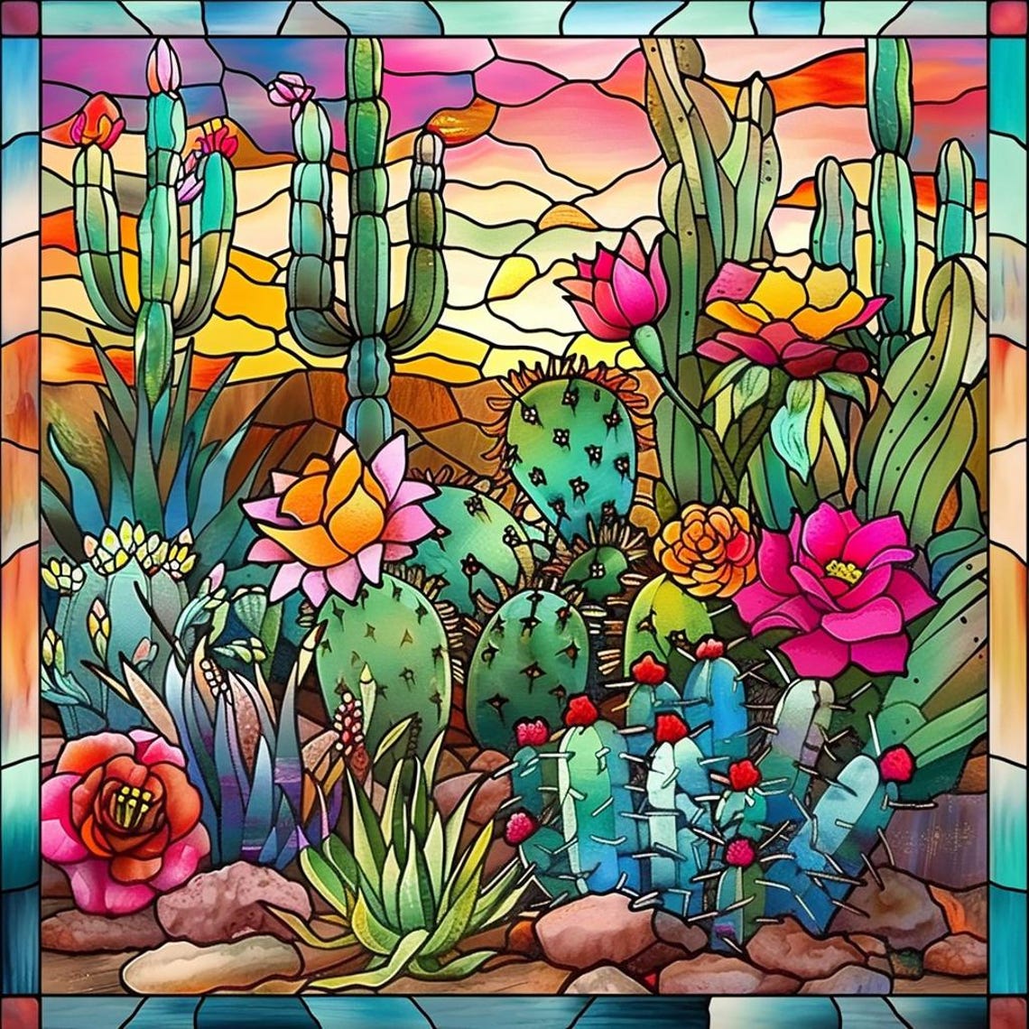 Desert Cactus Garden At Sunset Stained Glass Style Art Poster - Image 3