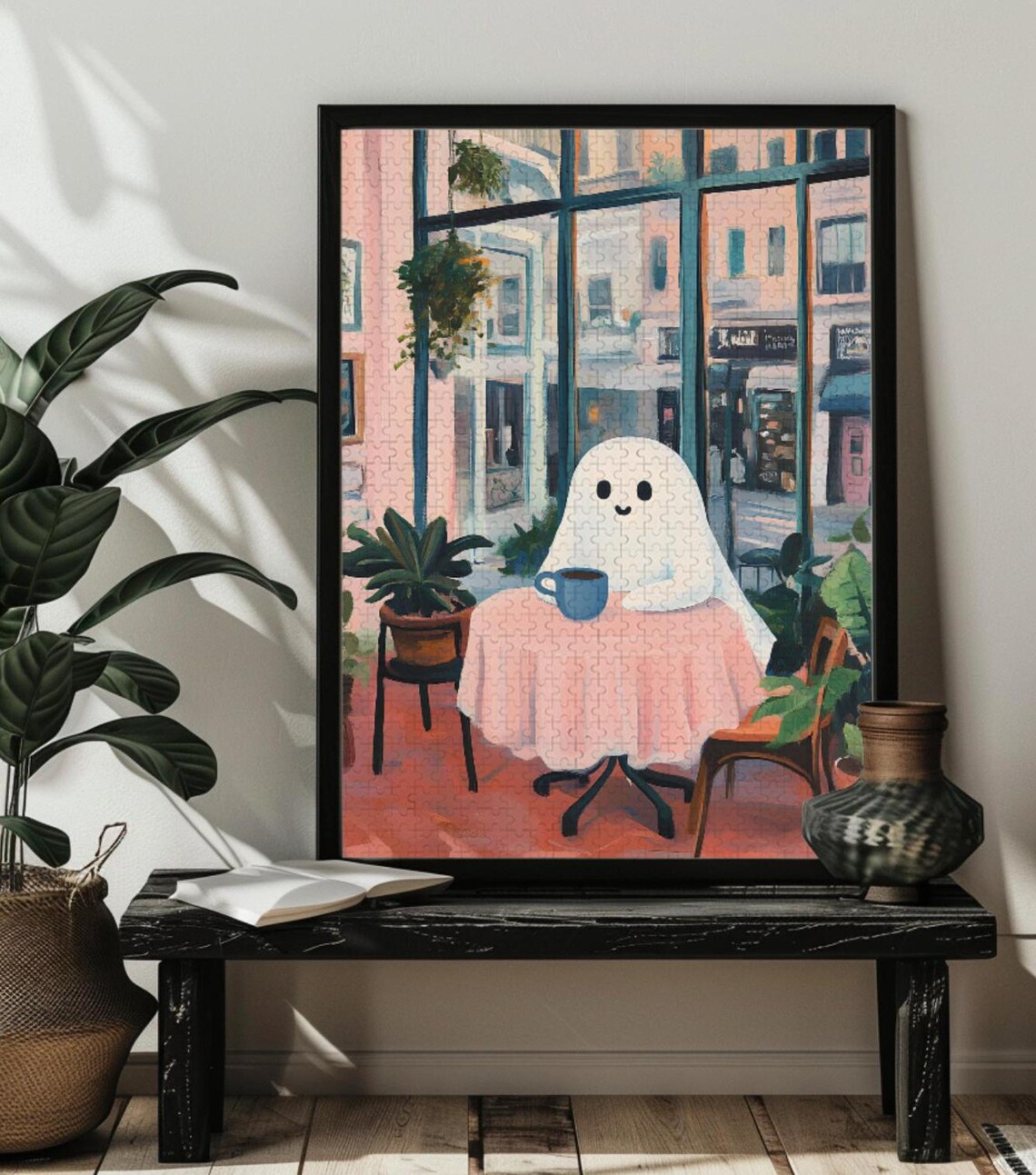 Little Spooky Ghost Drinking Coffee Art Print - Image 3