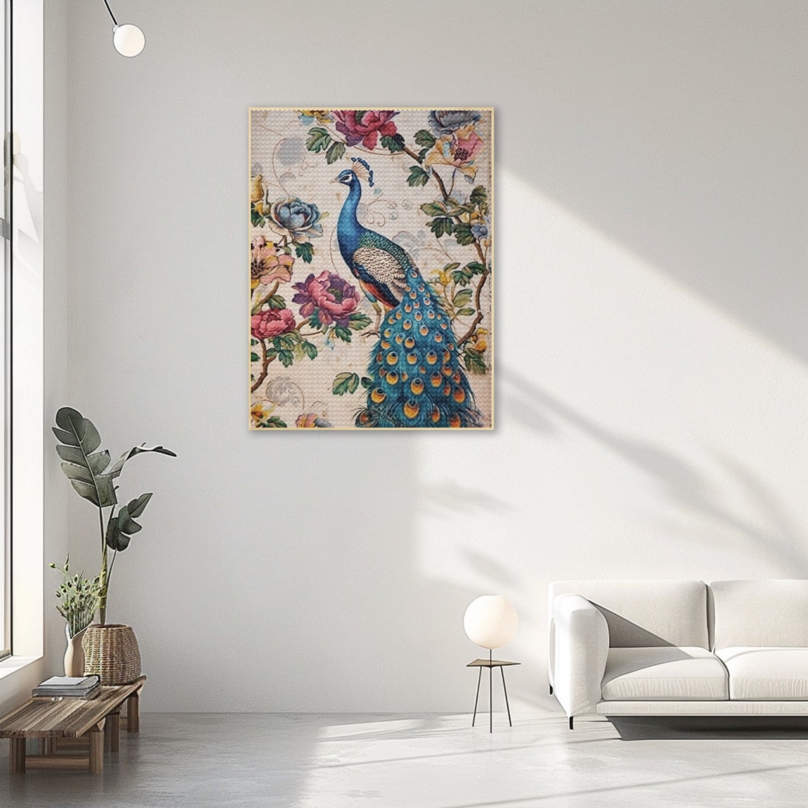 Regal Blue Peacock among Lush Colorful Botanical Flowers Poster - Image 2