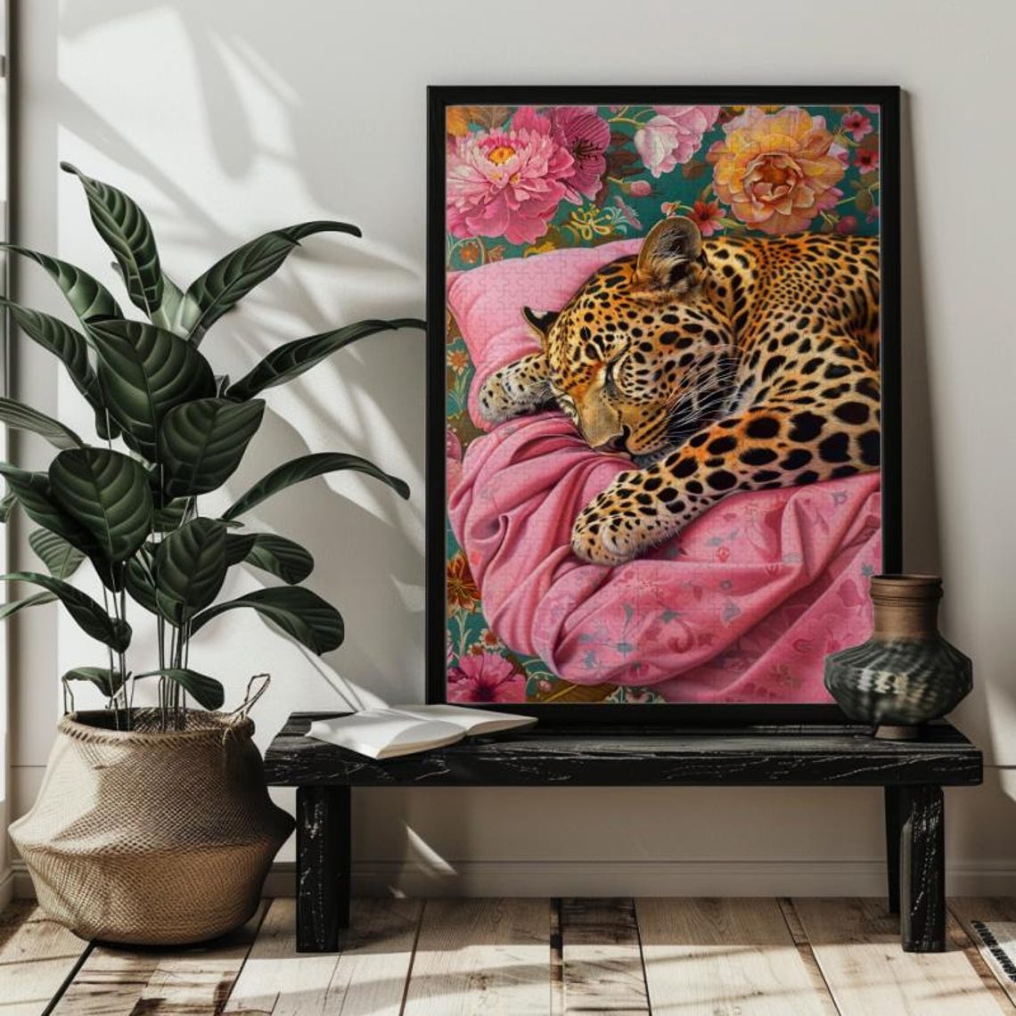 Sleeping Leopard Among Tropical Flowers Jungle Wildlife Art Poster - Image 3