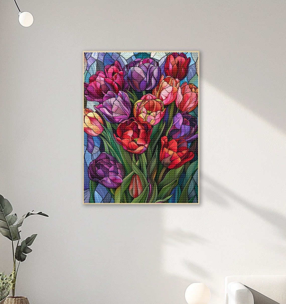 Vibrant Stained Glass Tulip Bouquet Purple Red Orange Bloom Poster