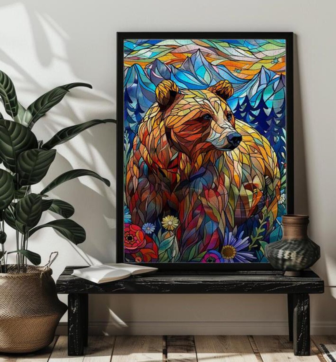 Stained Glass Bear Jigsaw Puzzle, Mountain Landscape