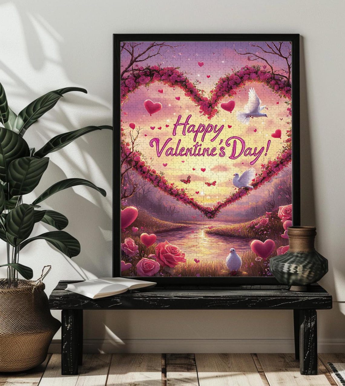Happy Valentines Day Hearts Doves Roses Romantic Wish Poster - Image 2
