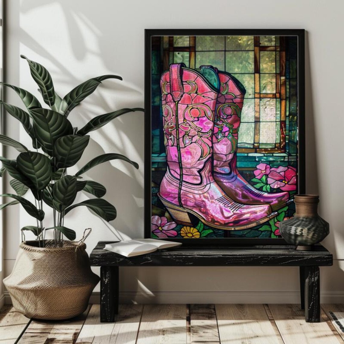 Pink Cowgirl Boots Stained Glass Art Print - Image 2