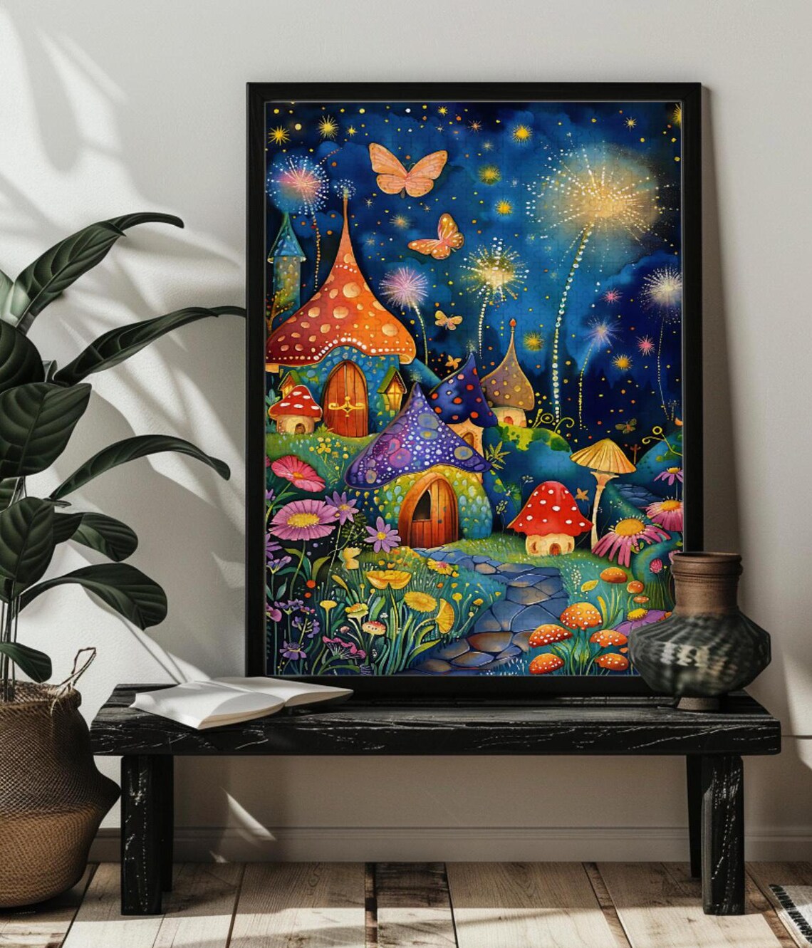 Whimsical Mushroom House Christmas Puzzle, Van Gogh-Inspired