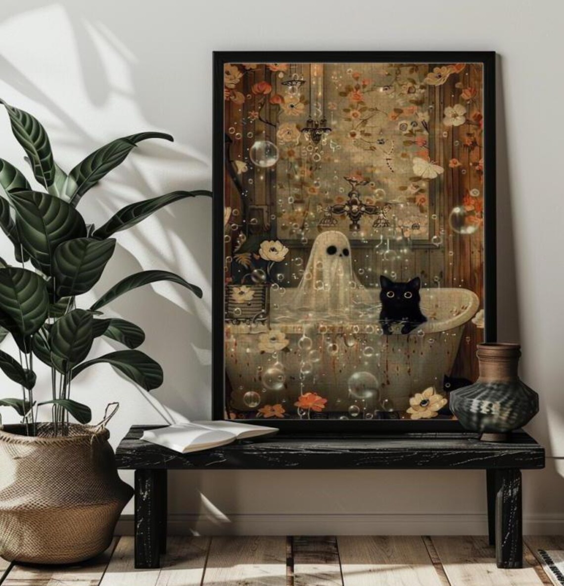 Ghost And Cat In Bathtub Halloween Art Print