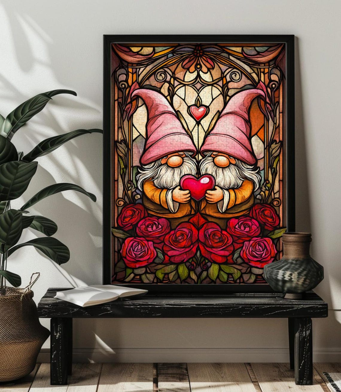 Two Red Gnomes with Roses and Hearts Valentine Love Decor Poster - Image 3